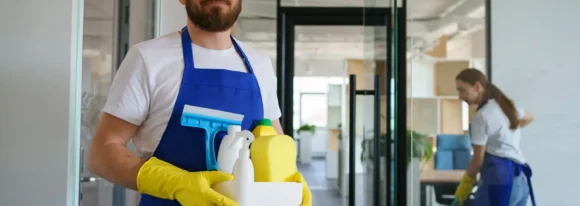 Two workers office cleaning and vacuuming