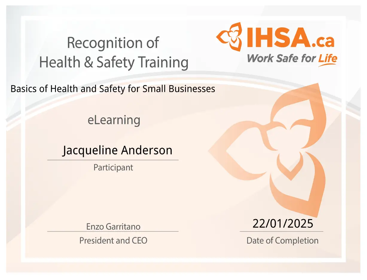 Recognition of Health & Safety Training Certificate for Jacqueline Anderson